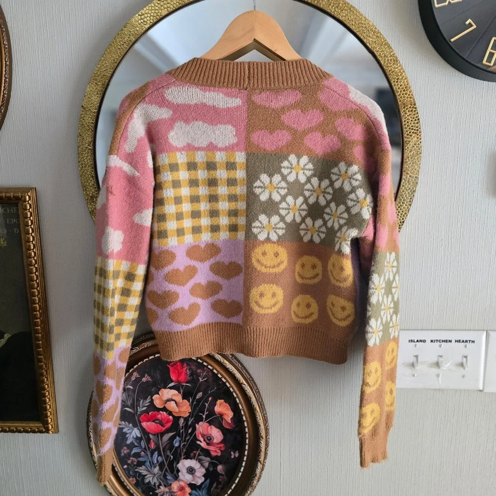 Cardigan preppy fun womens small checkers hearts smilies - Picture 2 of 2